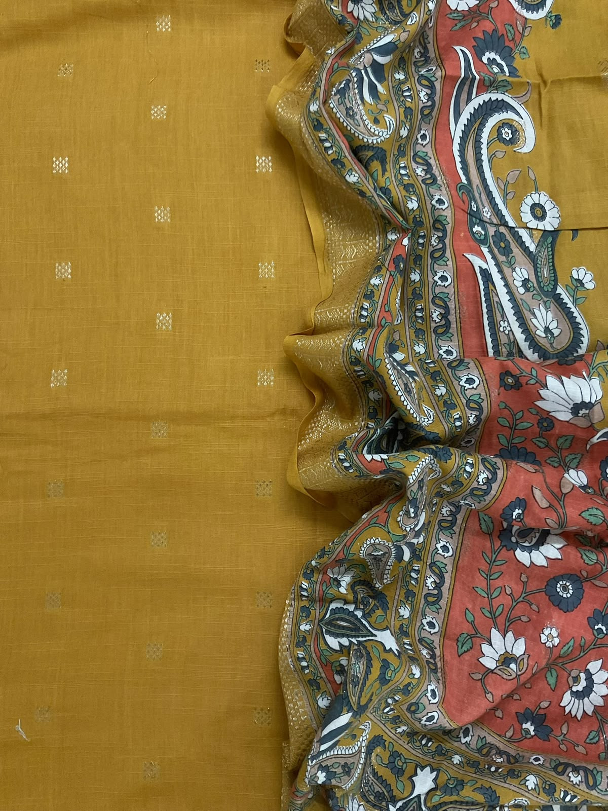Pure Handloom Cotton Printed Self Weaved Suit - Mustard