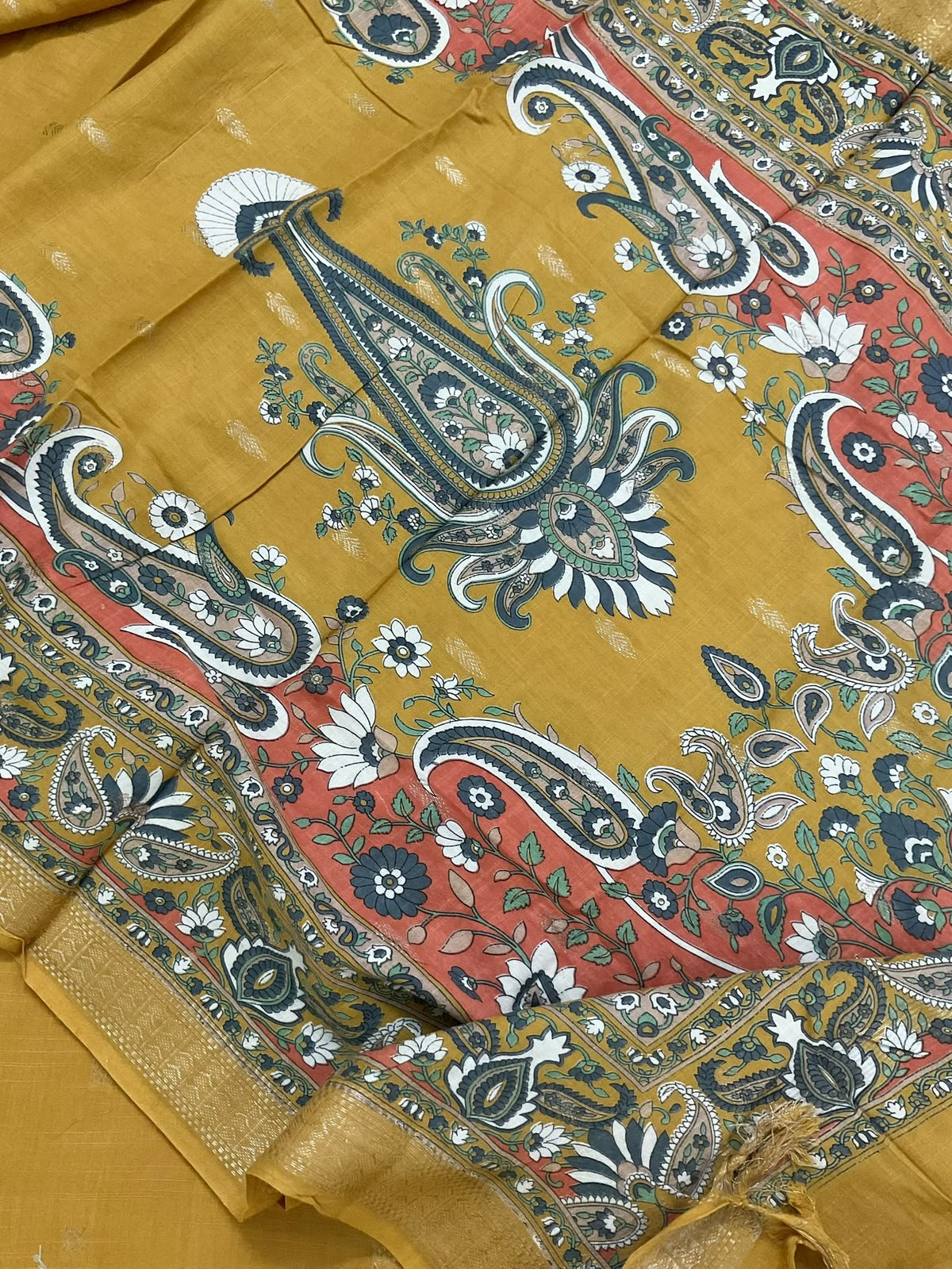 Pure Handloom Cotton Printed Self Weaved Suit - Mustard