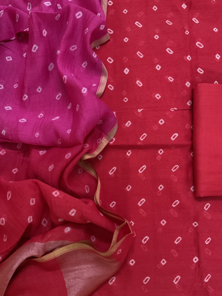 Image of Pure Mul Chanderi Bandhani Suit - Red