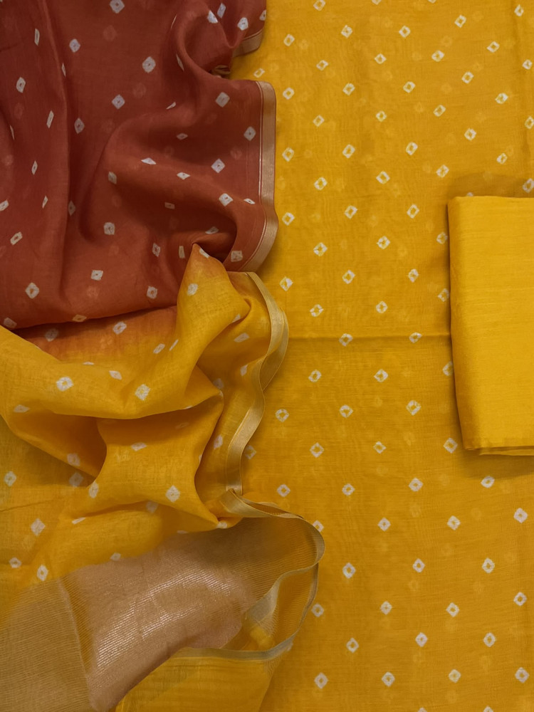 Image of Pure Mul Chanderi Bandhani Suit - Yellow