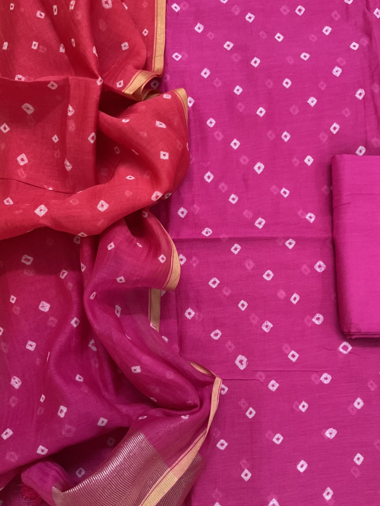 Image of Pure Mul Chanderi Bandhani Suit - Pink