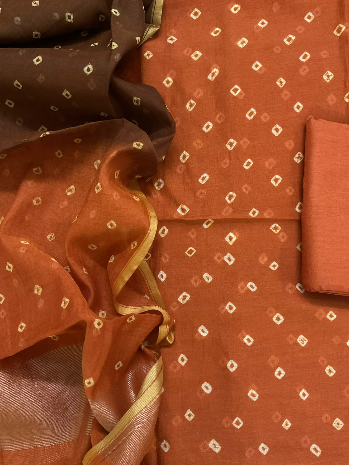 Pure Mul Chanderi Bandhani Suit - Brown