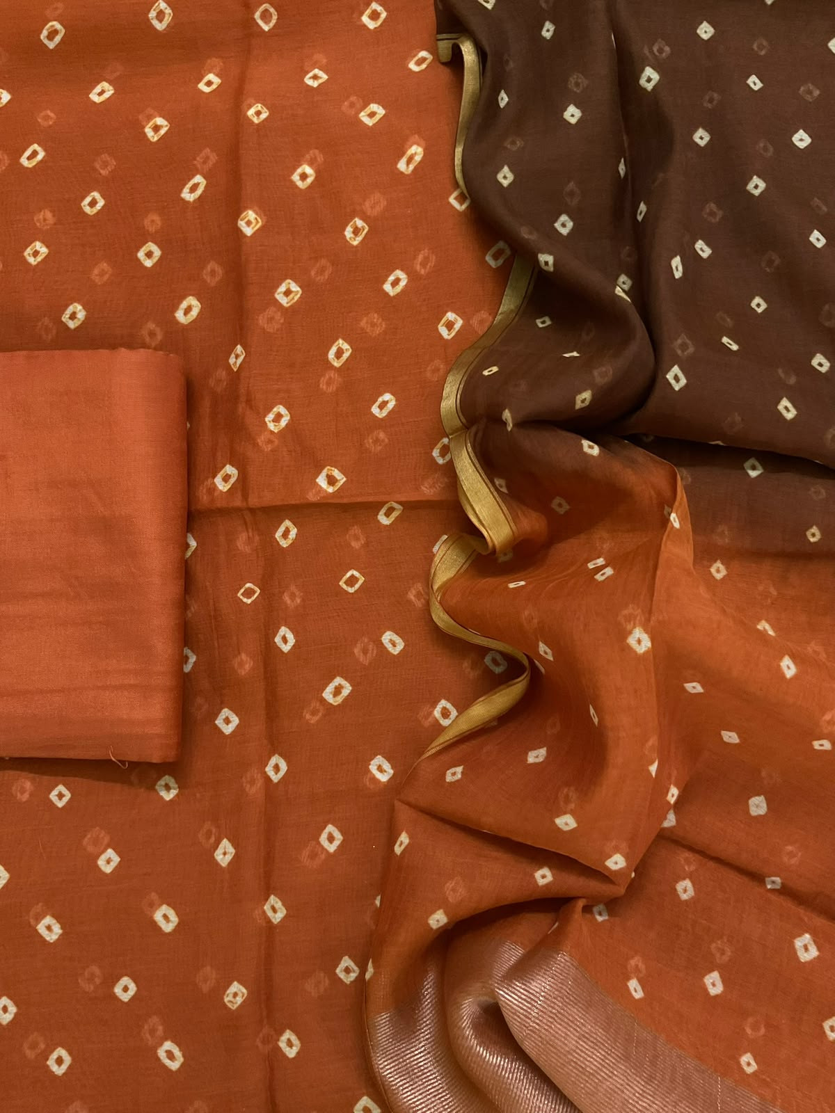 Pure Mul Chanderi Bandhani Suit - Brown