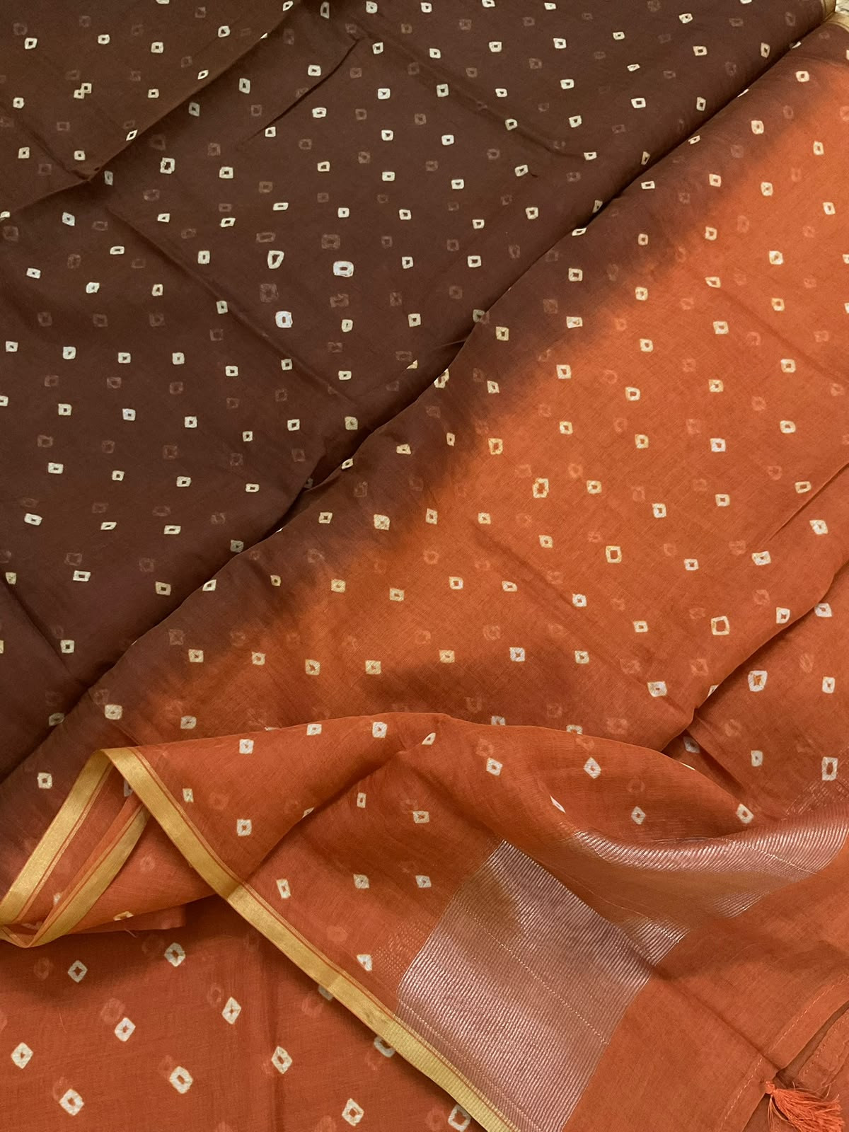 Pure Mul Chanderi Bandhani Suit - Brown