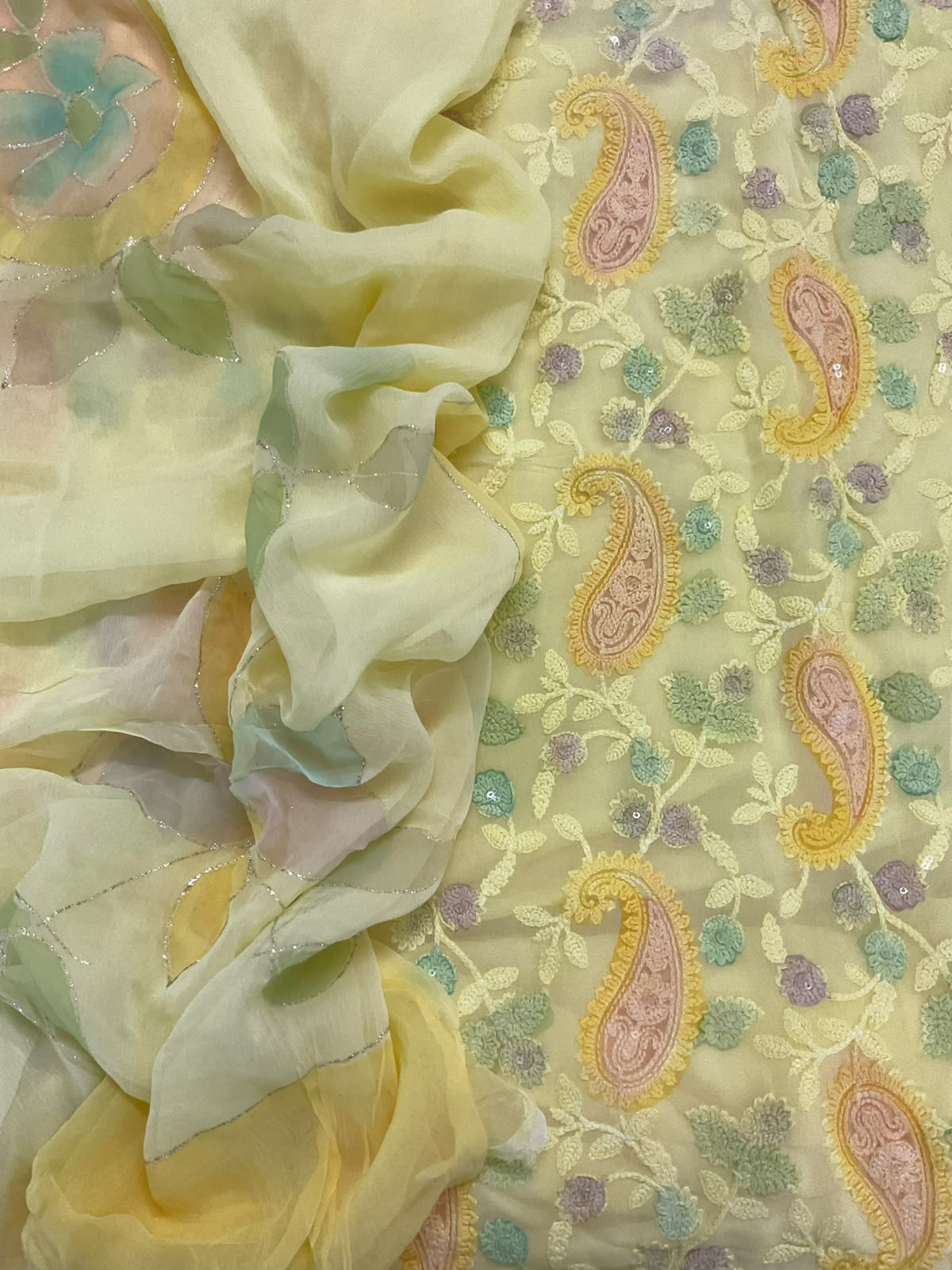 Pure Fine Georgette Printed Embroidered Suit - Yellow