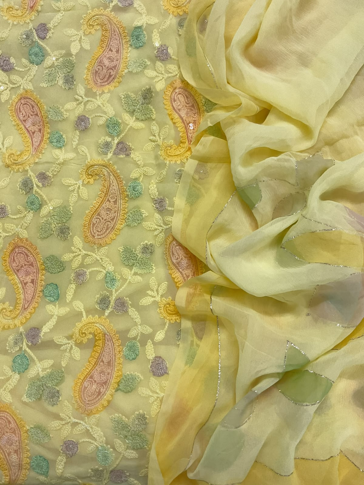 Pure Fine Georgette Printed Embroidered Suit - Yellow