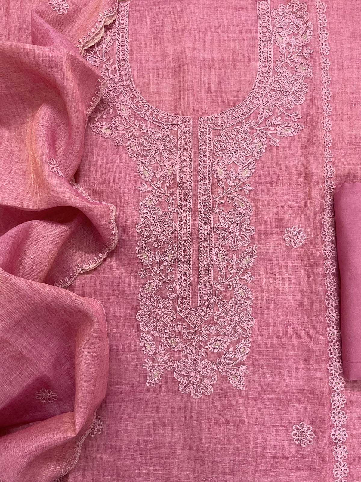 Soft Tissue Slub Cotton Printed Embroidered Suit - Pink