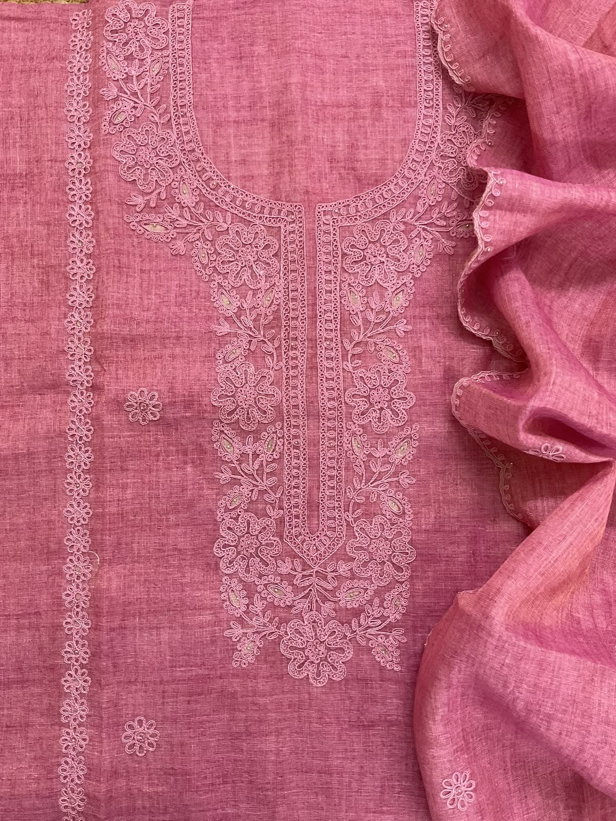 Soft Tissue Slub Cotton Printed Embroidered Suit - Pink