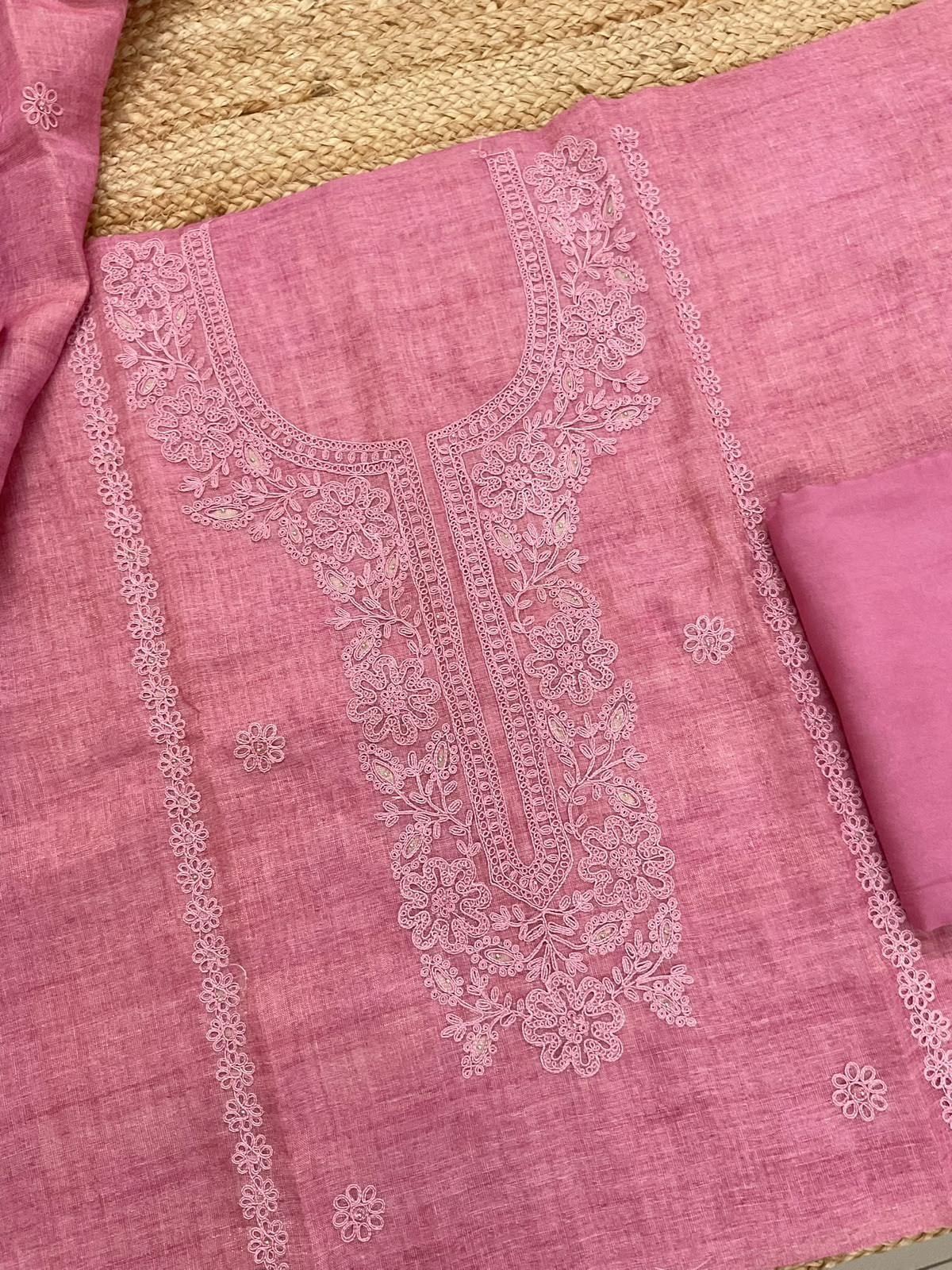 Soft Tissue Slub Cotton Printed Embroidered Suit - Pink