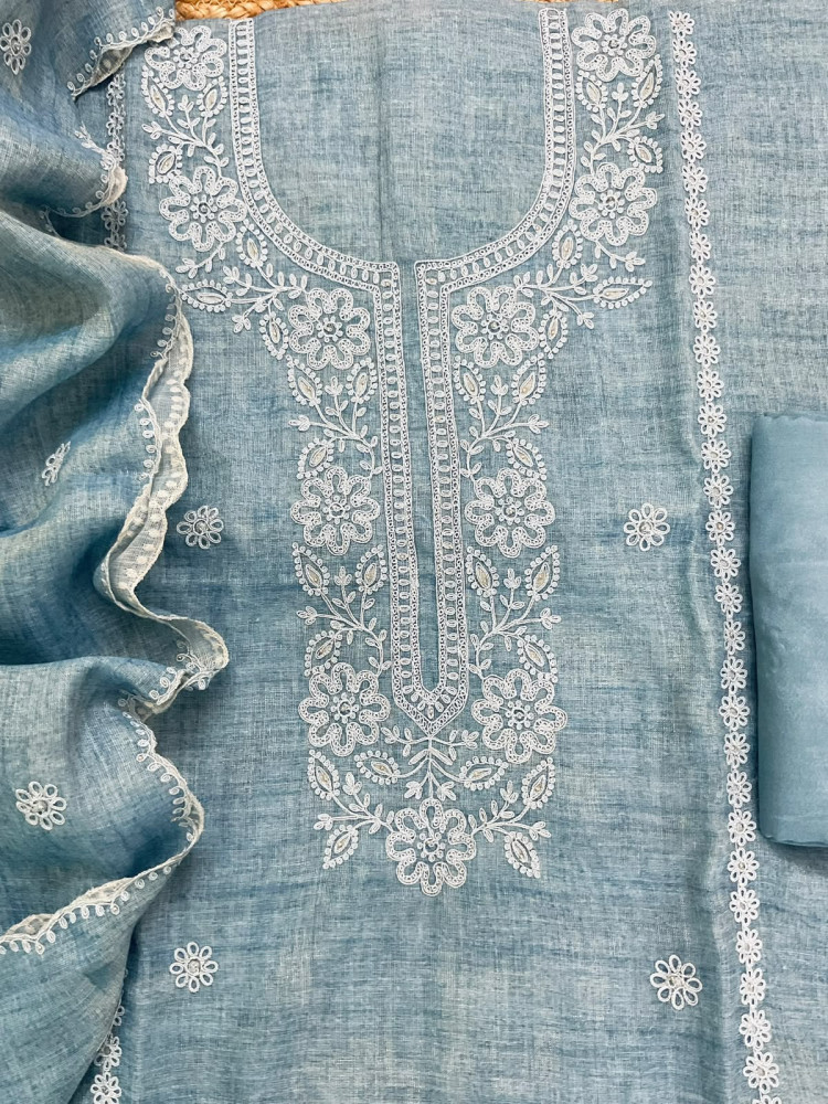 Image of Soft Tissue Slub Cotton Printed Embroidered Suit - Blue