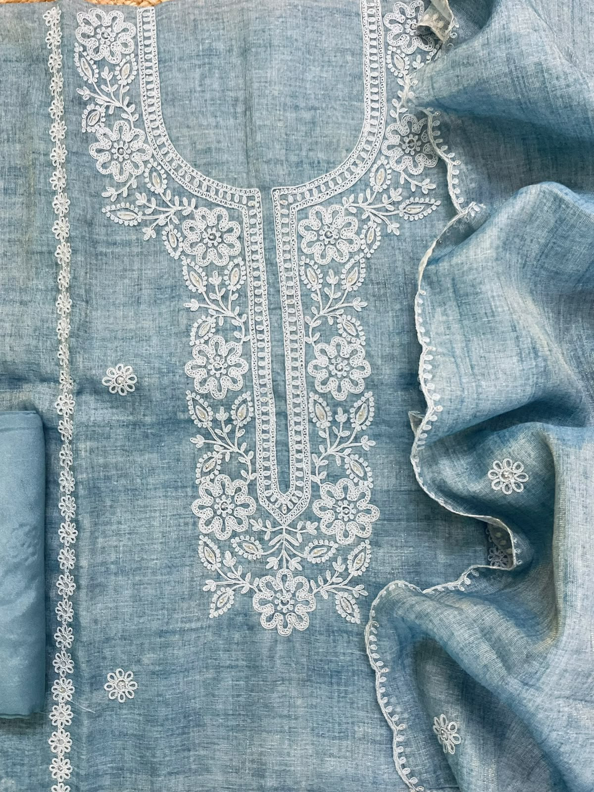 Soft Tissue Slub Cotton Printed Embroidered Suit - Blue