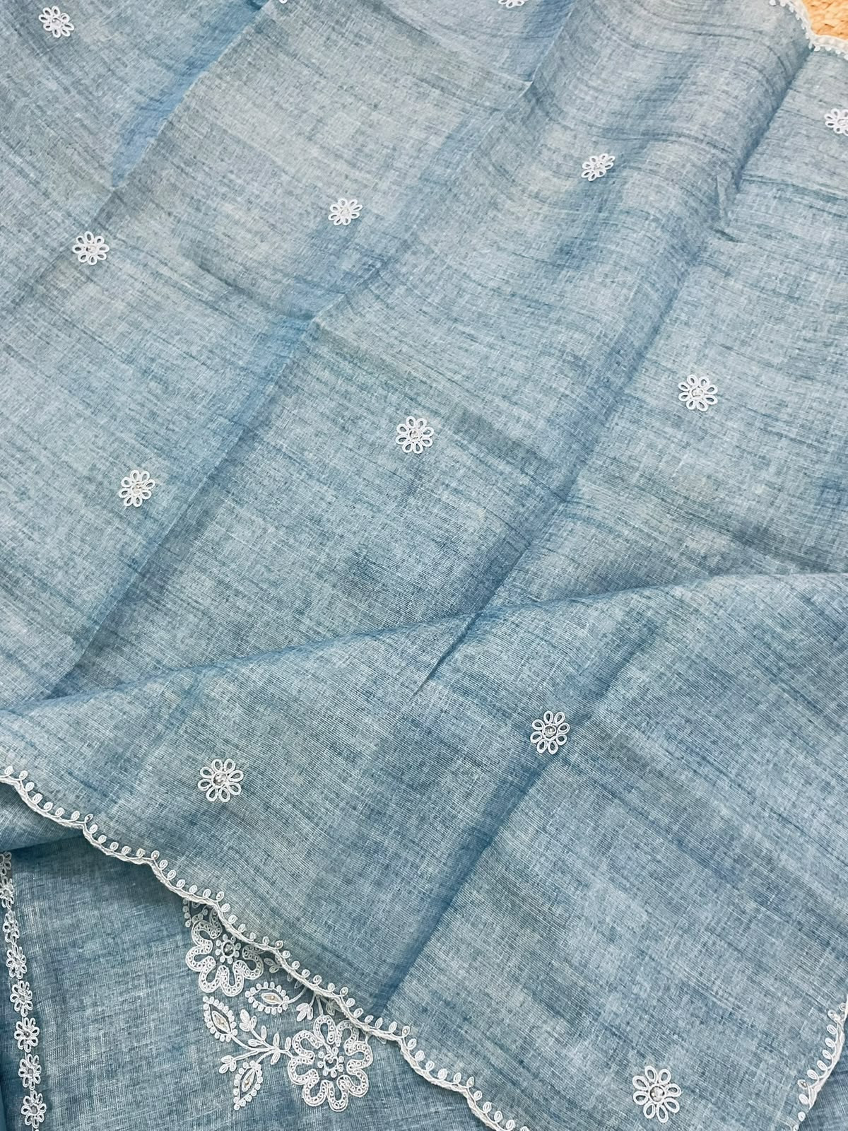 Soft Tissue Slub Cotton Printed Embroidered Suit - Blue