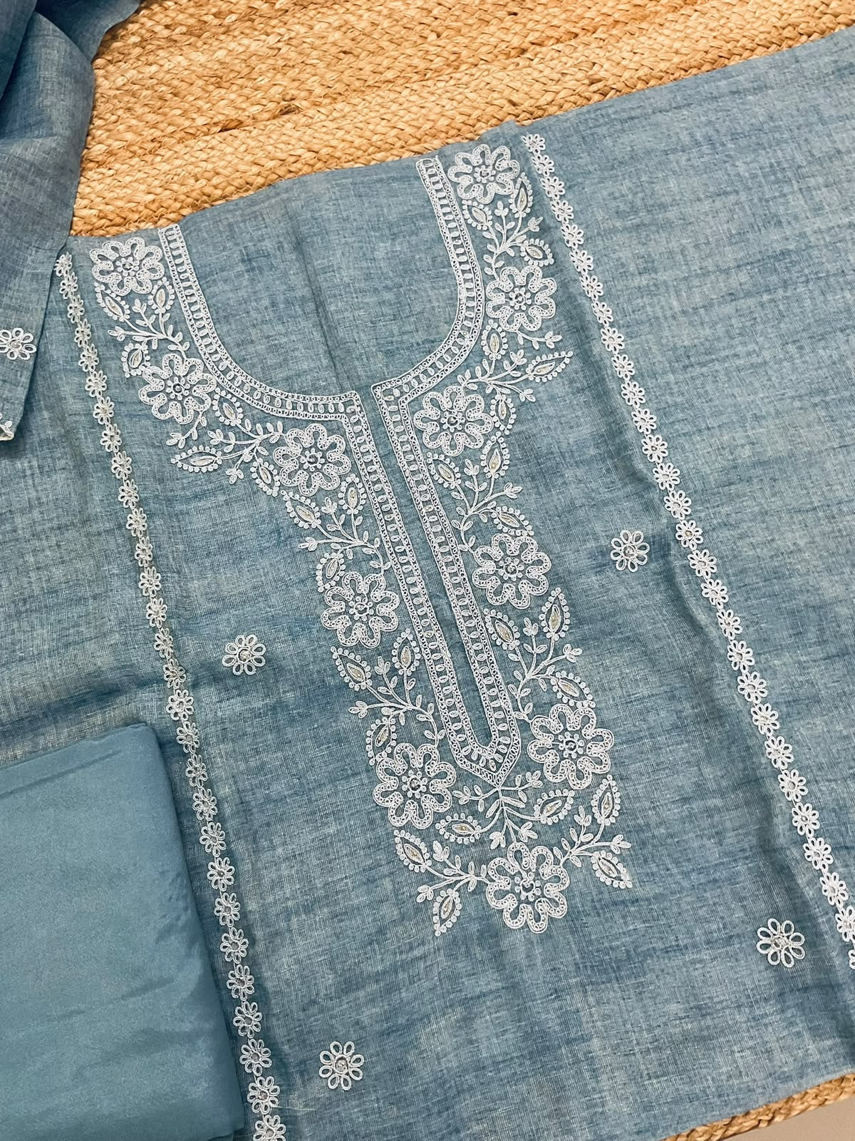 Soft Tissue Slub Cotton Printed Embroidered Suit - Blue