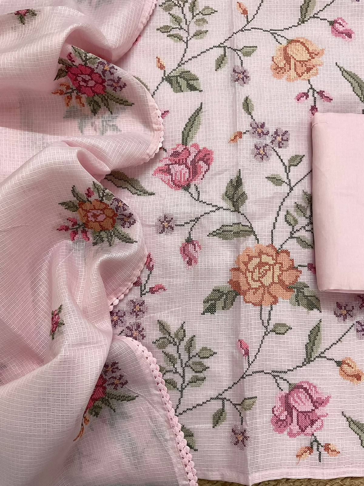Soft Kota Silk Embroidered Suit - Pink