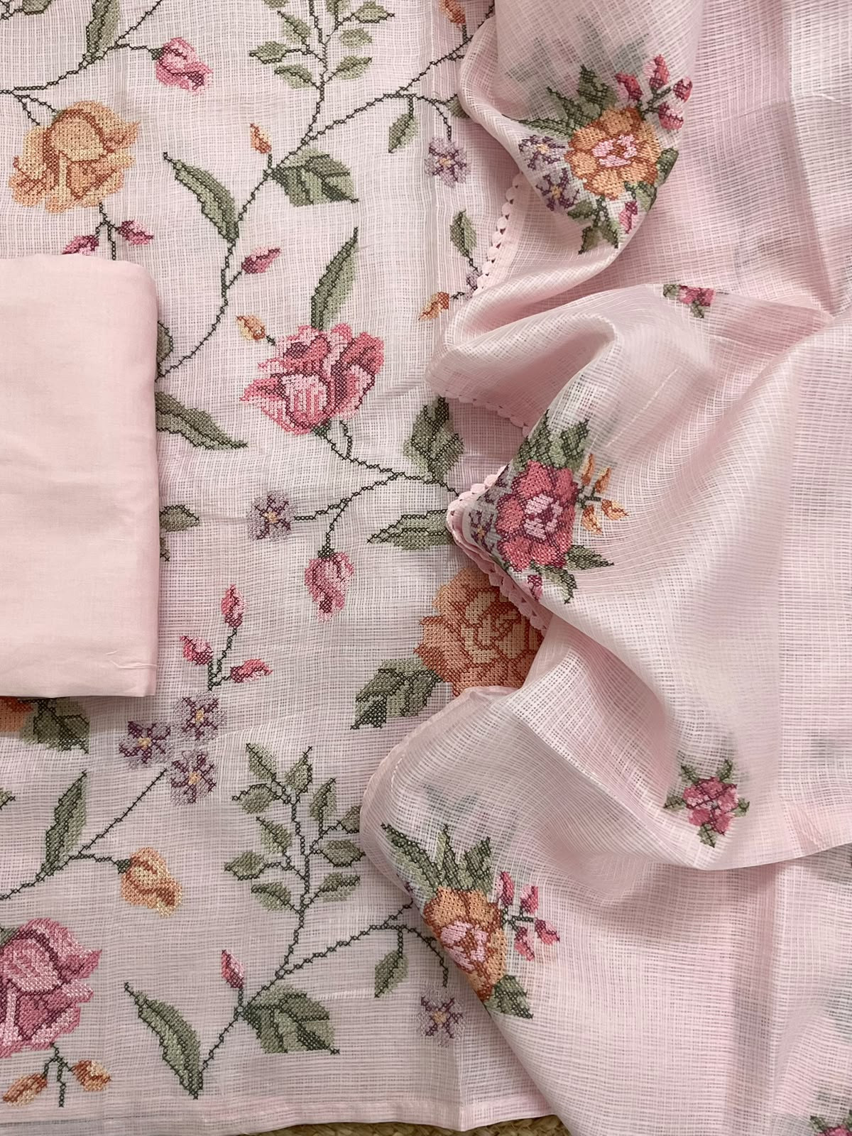 Soft Kota Silk Embroidered Suit - Pink
