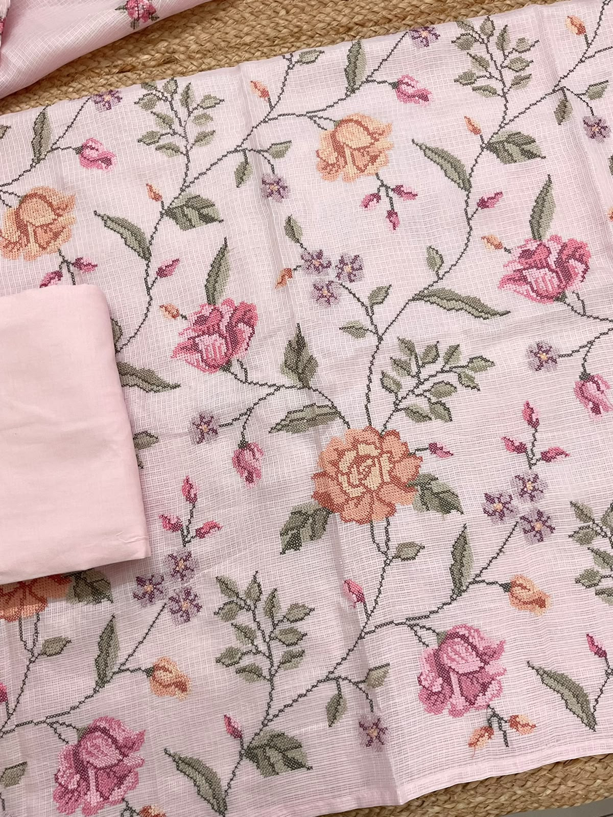 Soft Kota Silk Embroidered Suit - Pink