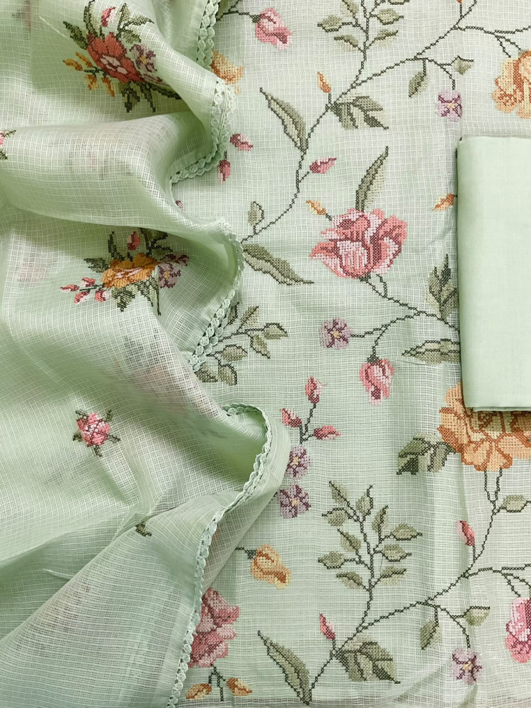 Image of Soft Kota Silk Embroidered Suit - Green