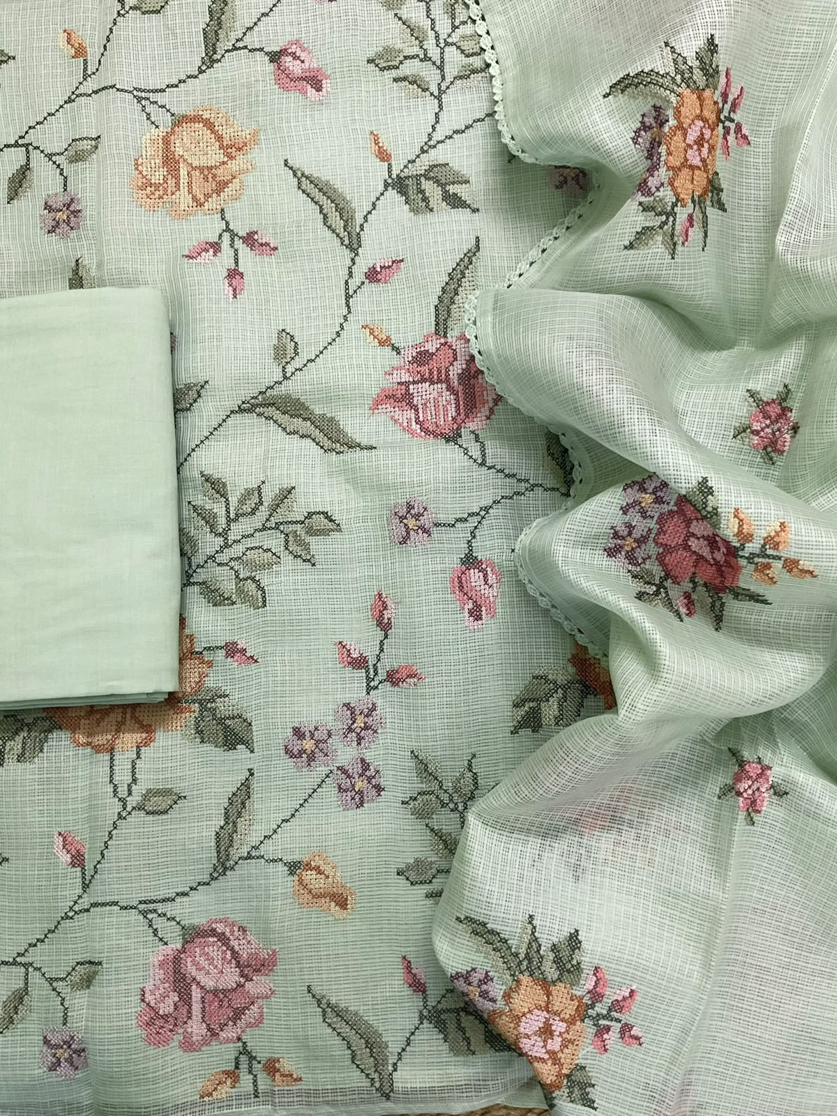 Soft Kota Silk Embroidered Suit - Green