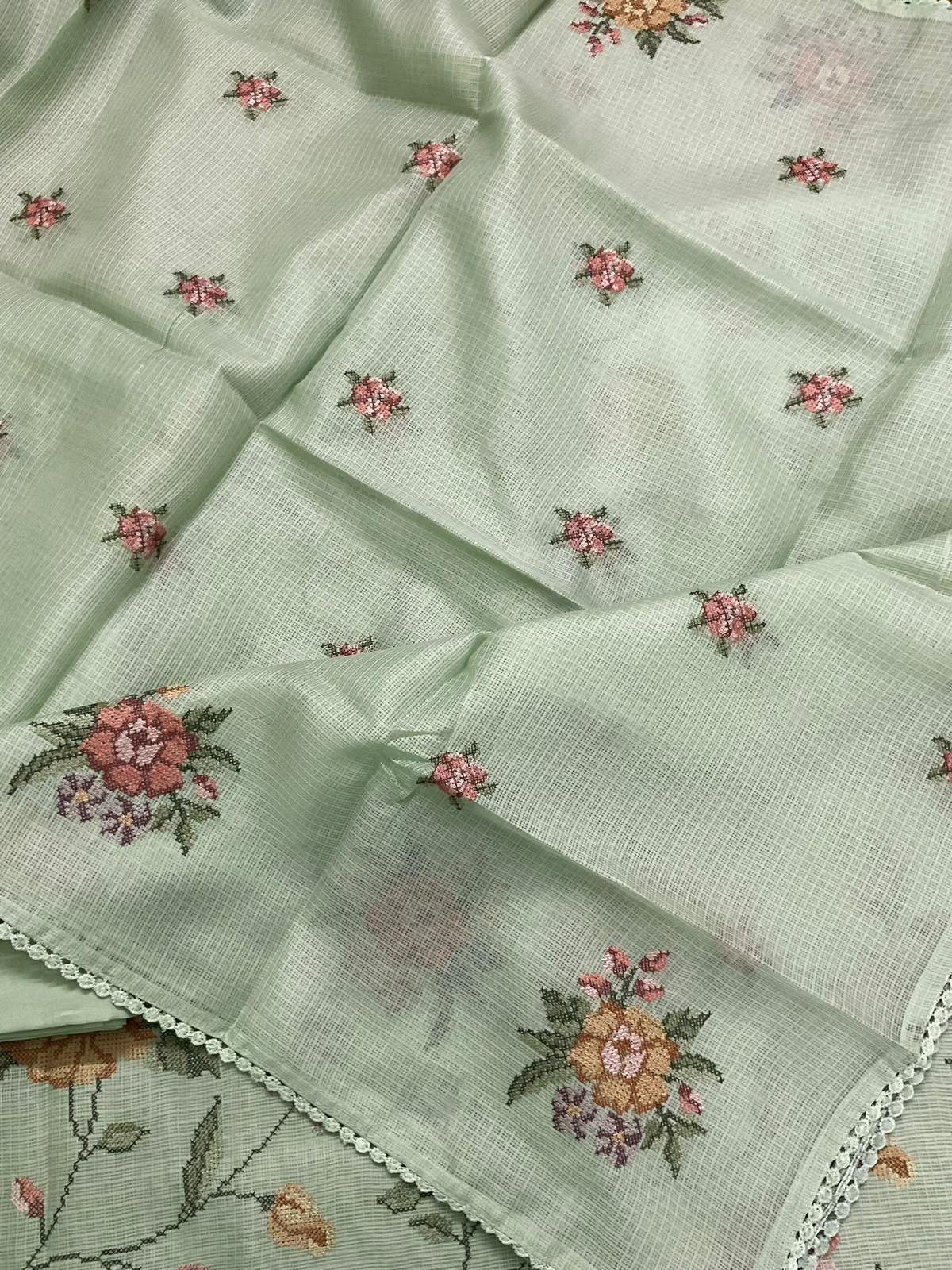 Soft Kota Silk Embroidered Suit - Green