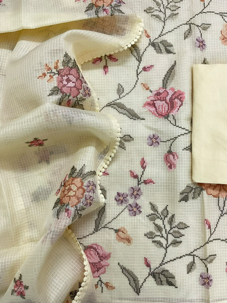 Image of Soft Kota Silk Embroidered Suit - Yellow
