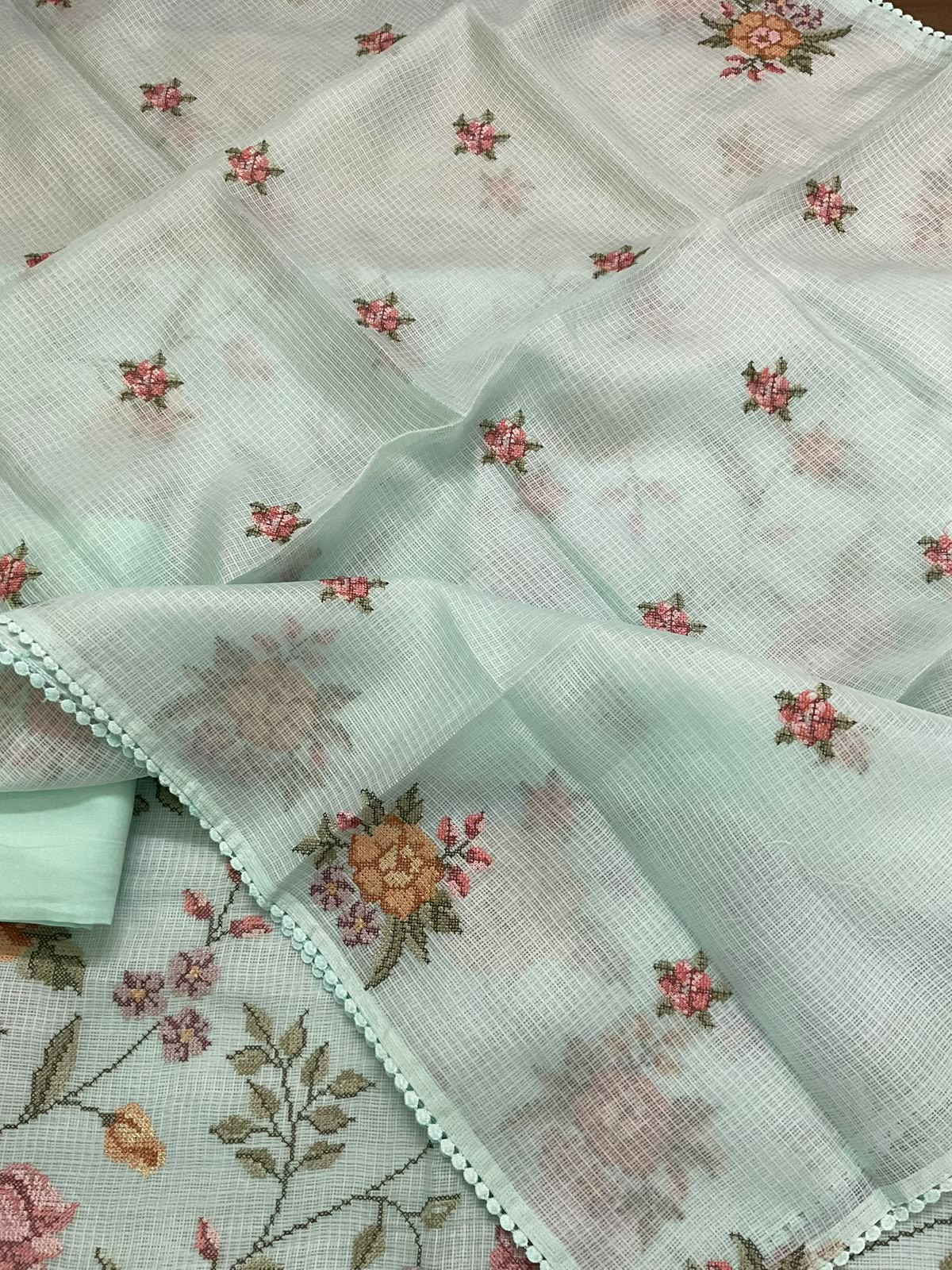 Soft Kota Silk Embroidered Suit - Blue
