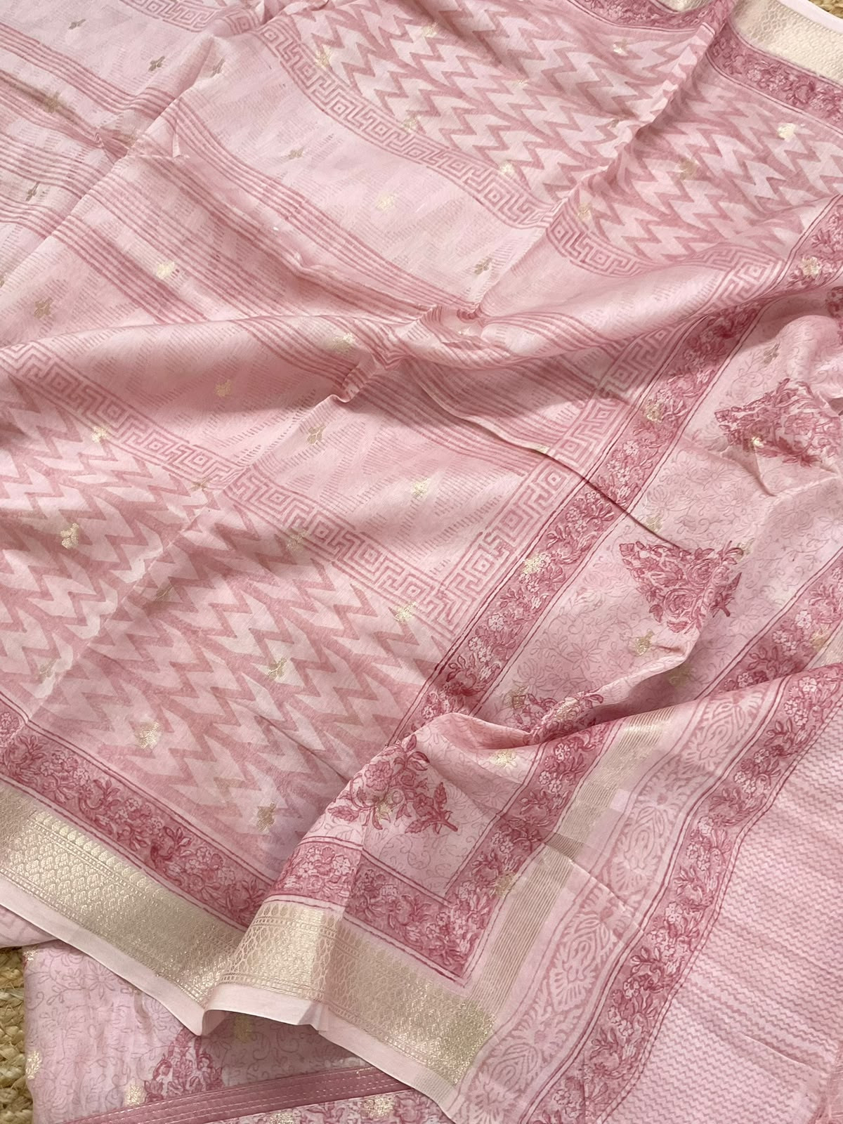 Pure Mul Chanderi Printed Banarasi Weaved Embroidered Border Suit - Pink