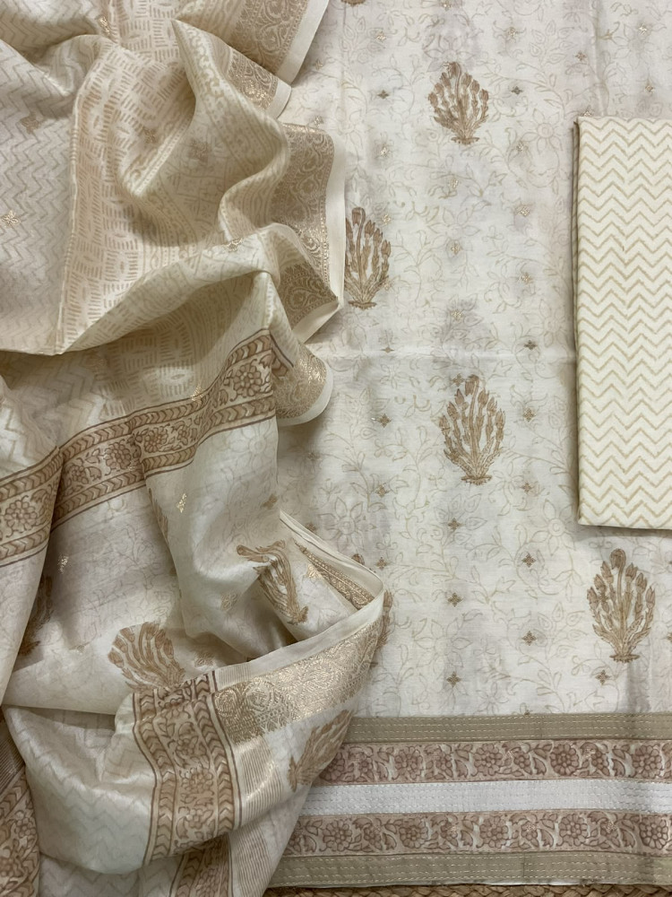 Image of Pure Mul Chanderi Printed Banarasi Weaved Embroidered Border Suit - Off White