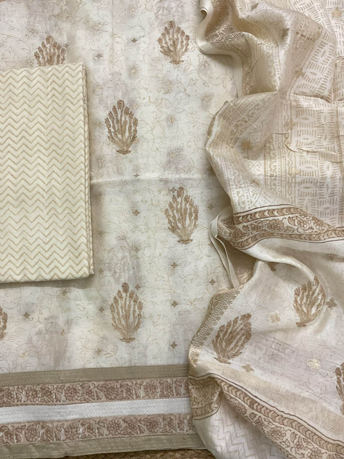Pure Mul Chanderi Printed Banarasi Weaved Embroidered Border Suit - Off White