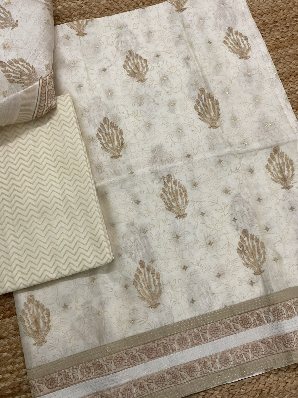 Pure Mul Chanderi Printed Banarasi Weaved Embroidered Border Suit - Off White