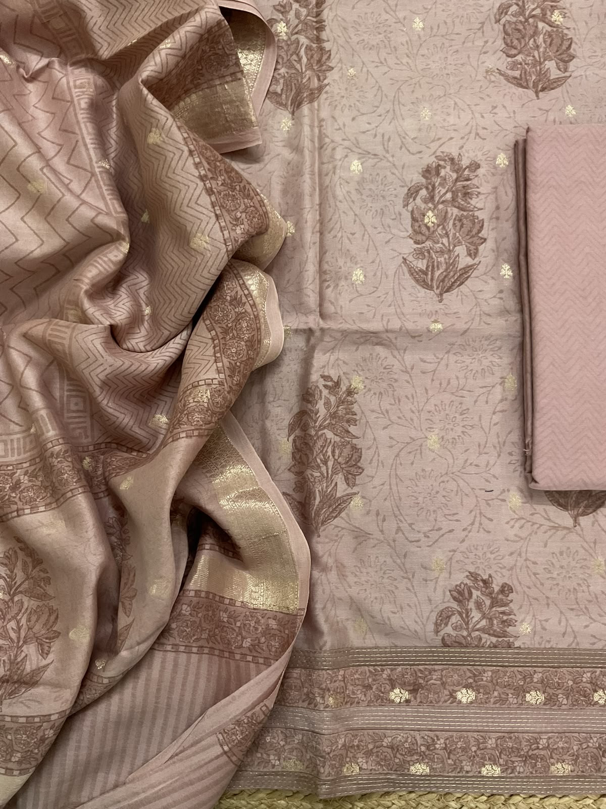 Pure Mul Chanderi Printed Banarasi Weaved Embroidered Border Suit - Beige