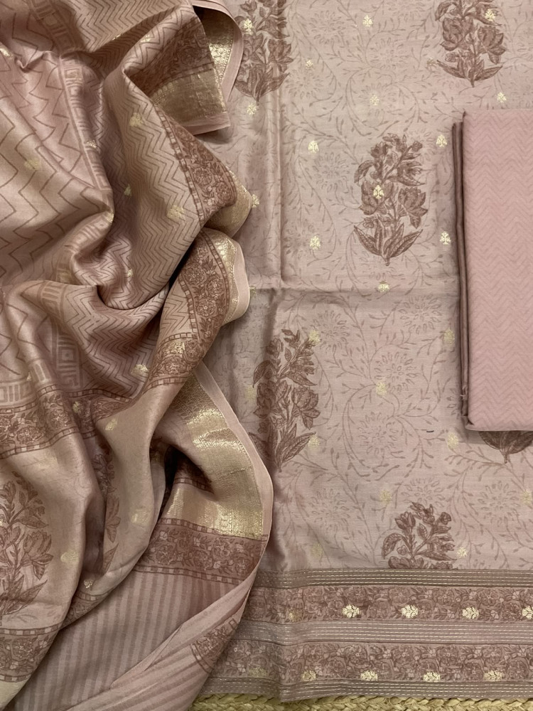 Image of Pure Mul Chanderi Printed Banarasi Weaved Embroidered Border Suit - Beige