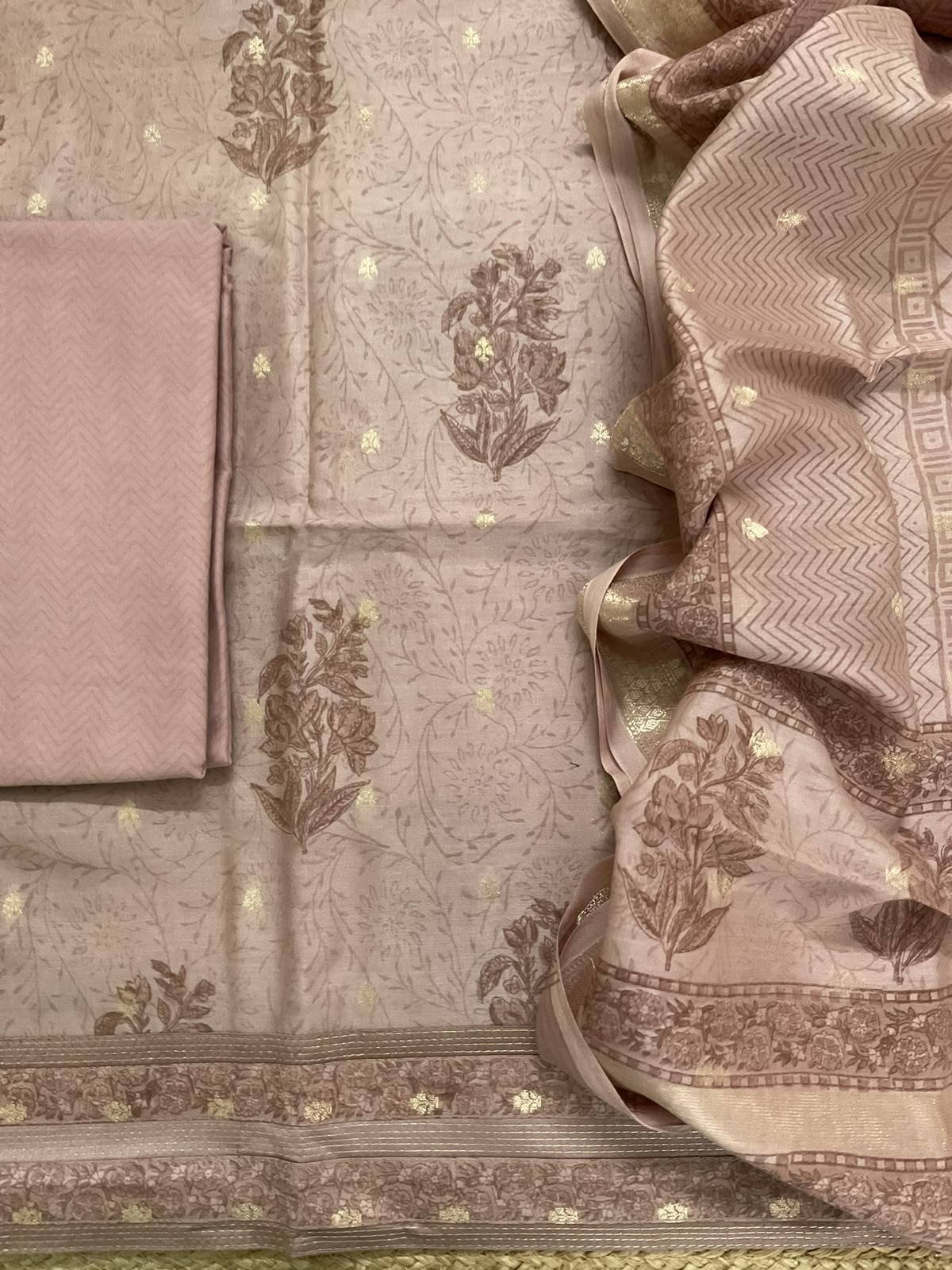 Pure Mul Chanderi Printed Banarasi Weaved Embroidered Border Suit - Beige
