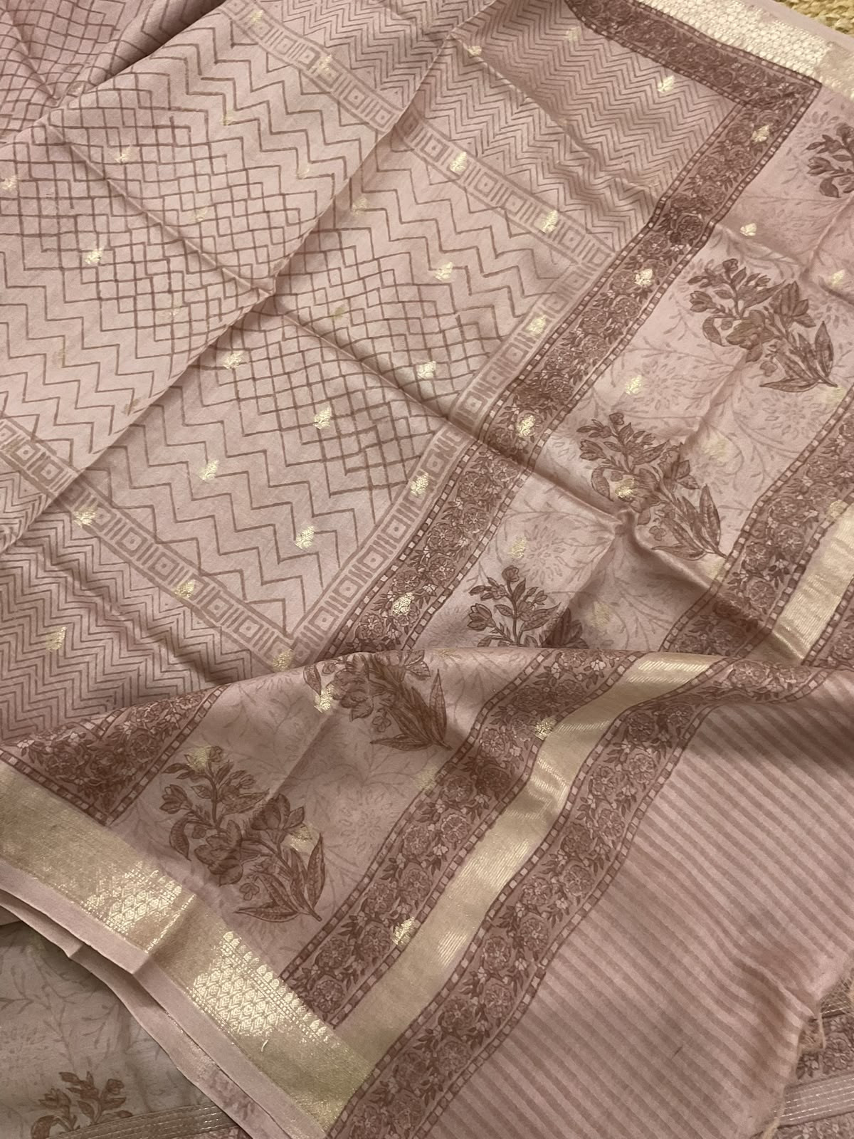 Pure Mul Chanderi Printed Banarasi Weaved Embroidered Border Suit - Beige