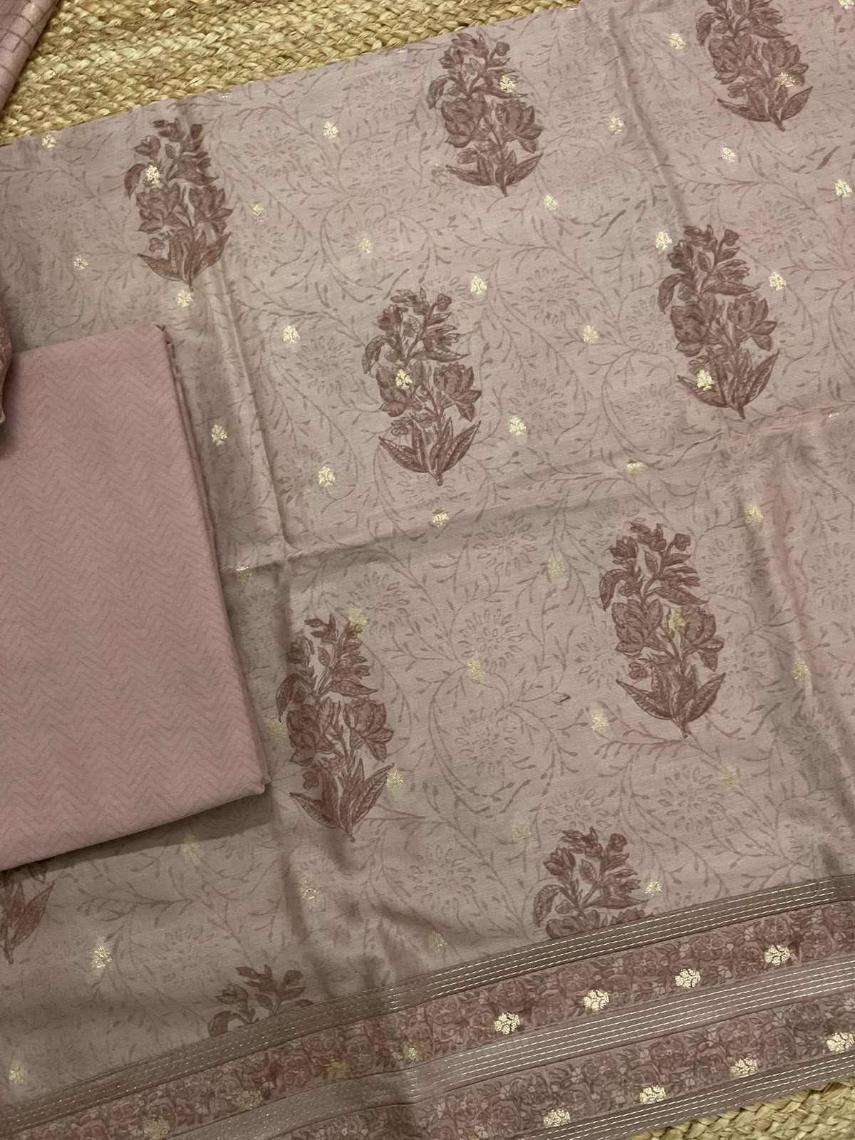 Pure Mul Chanderi Printed Banarasi Weaved Embroidered Border Suit - Beige