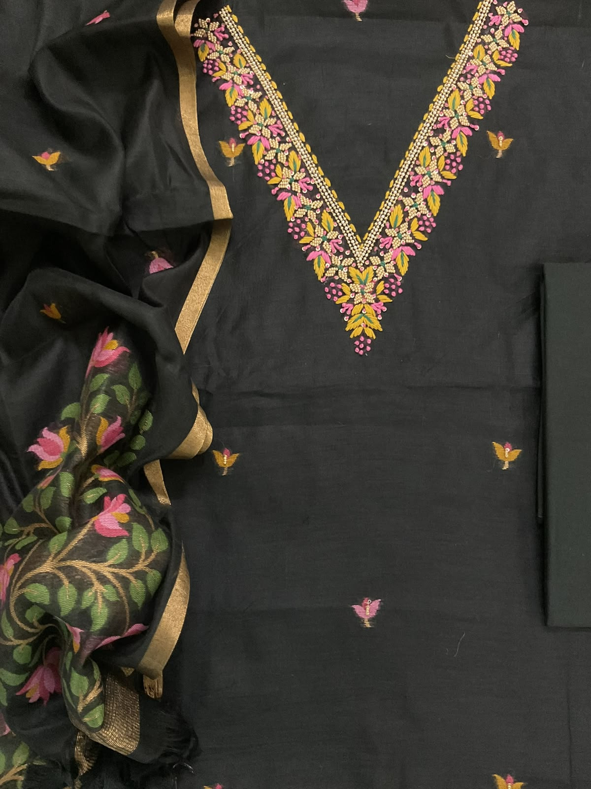 Soft Kora Chanderi Jamdani Weaved Embroidered Suit - Black