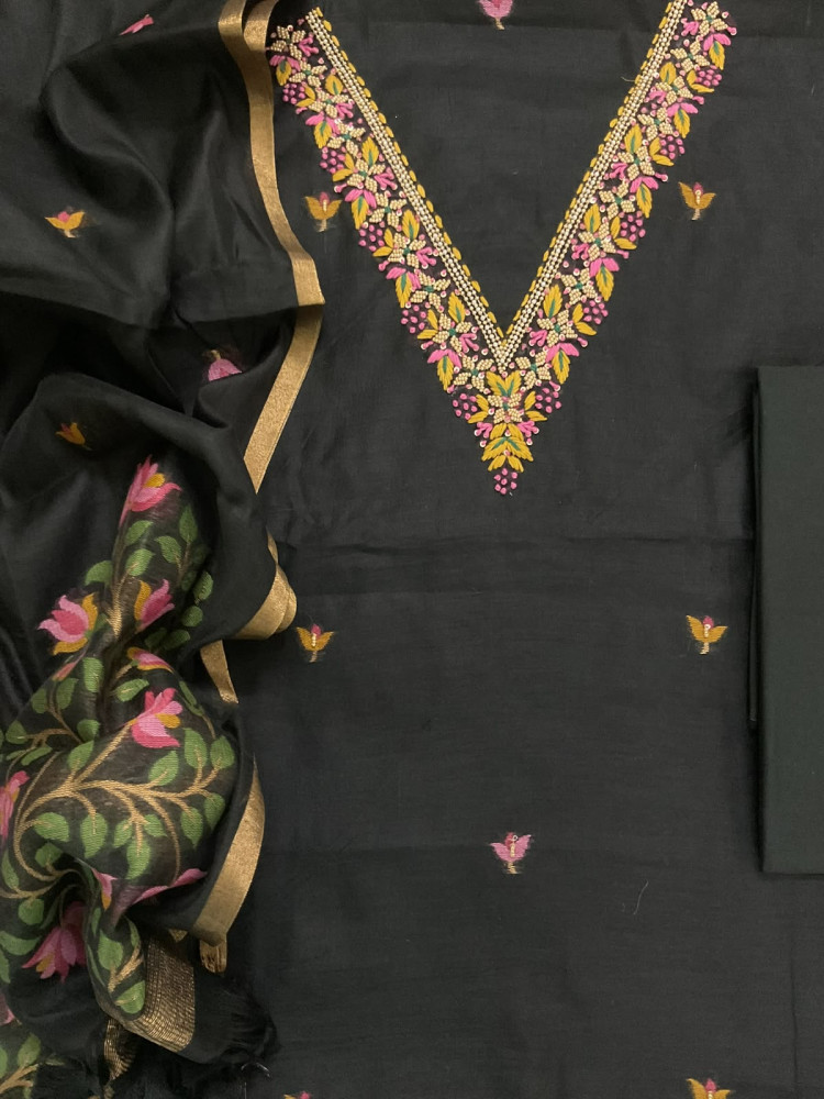 Image of Soft Kora Chanderi Jamdani Weaved Embroidered Suit - Black