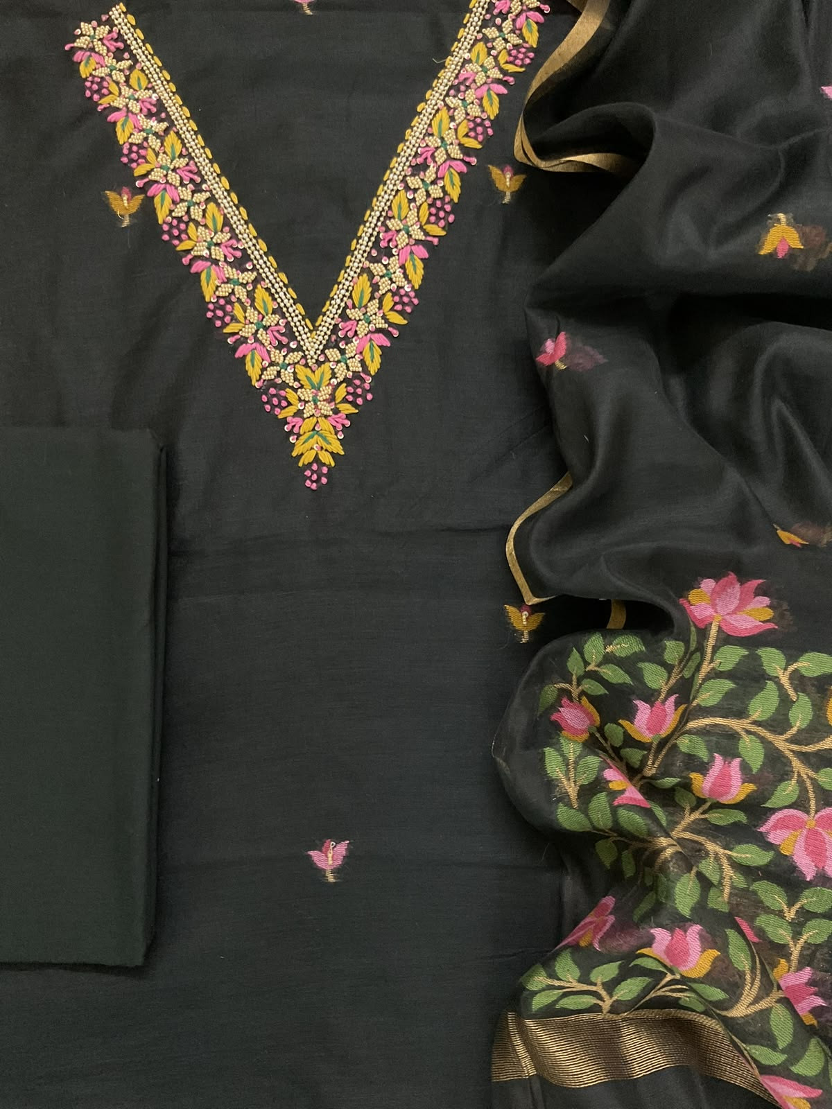 Soft Kora Chanderi Jamdani Weaved Embroidered Suit - Black