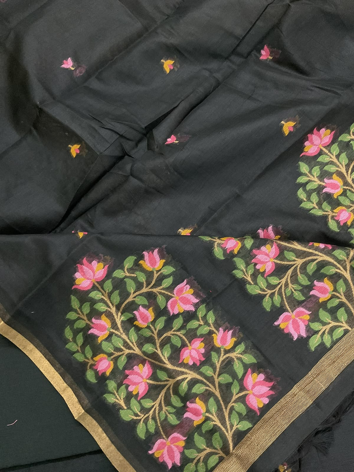 Soft Kora Chanderi Jamdani Weaved Embroidered Suit - Black