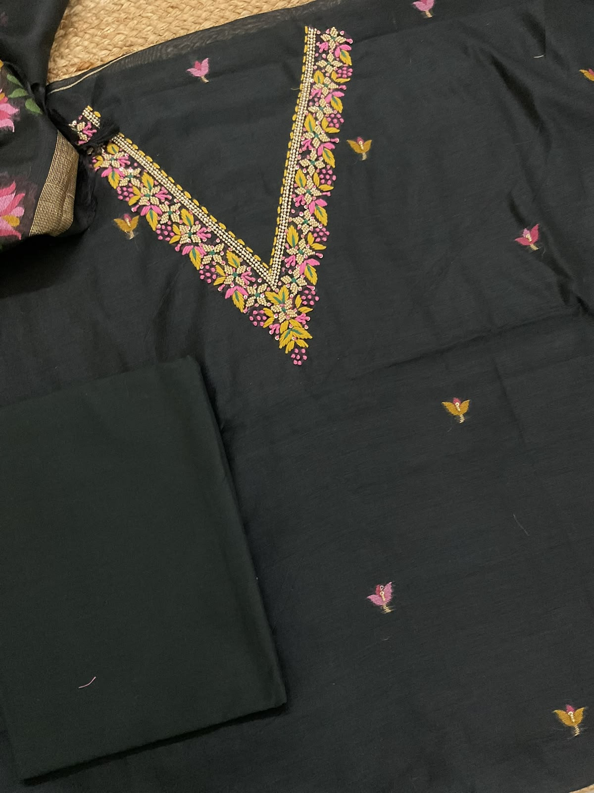 Soft Kora Chanderi Jamdani Weaved Embroidered Suit - Black