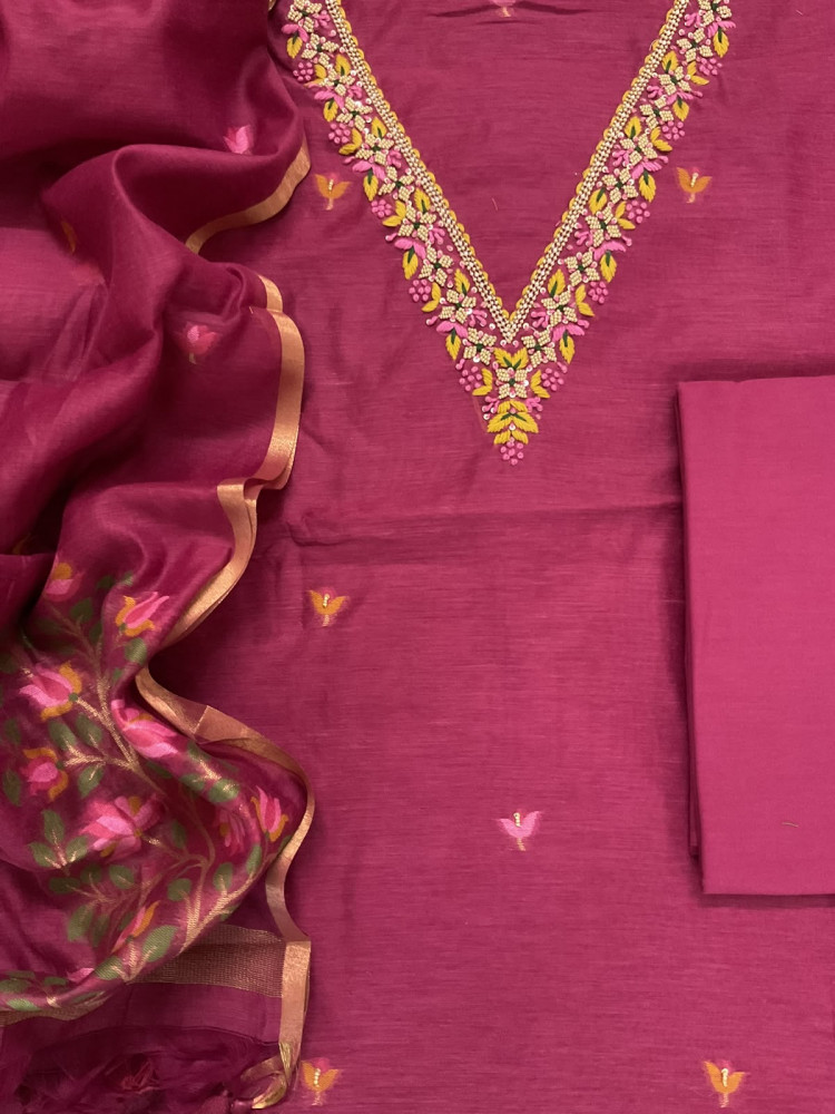 Image of Soft Kora Chanderi Jamdani Weaved Embroidered Suit - Pink
