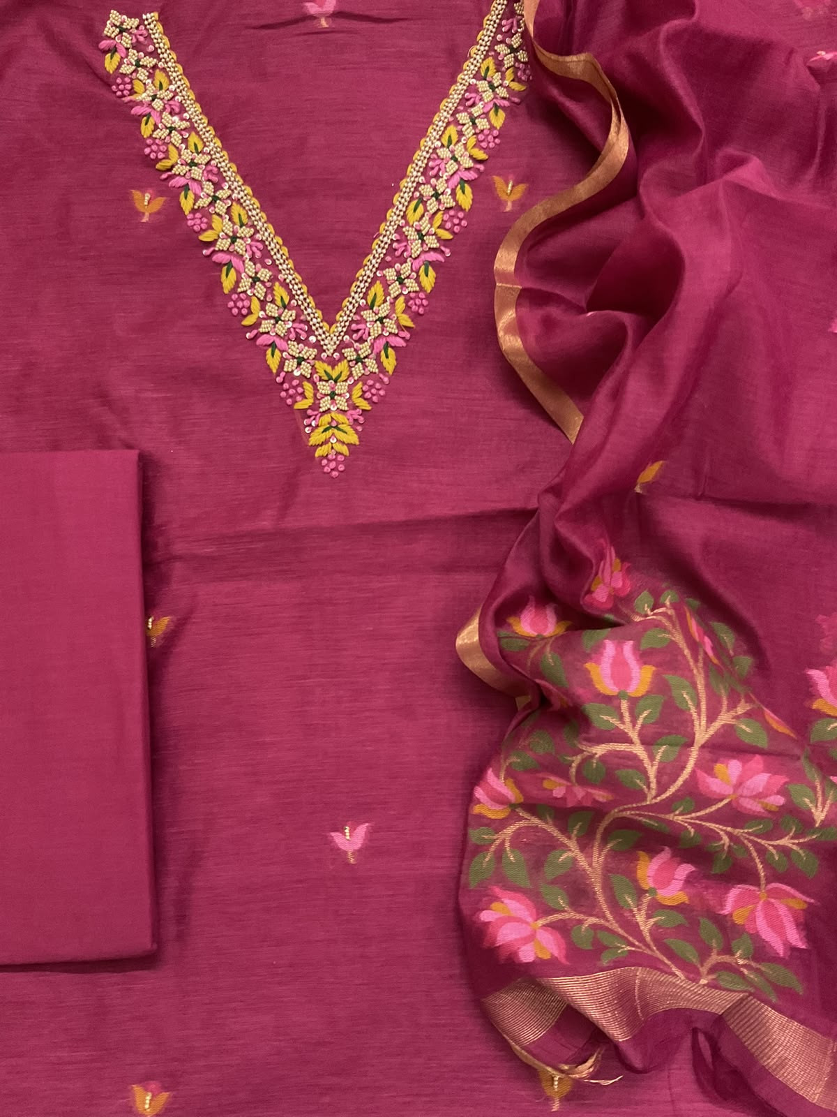 Soft Kora Chanderi Jamdani Weaved Embroidered Suit - Pink