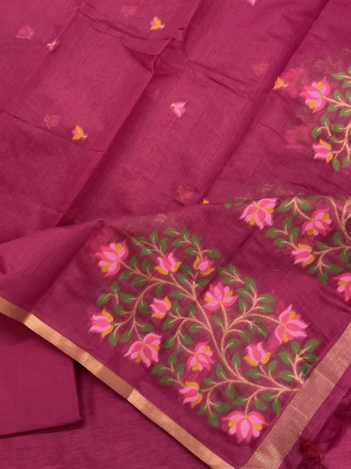 Soft Kora Chanderi Jamdani Weaved Embroidered Suit - Pink