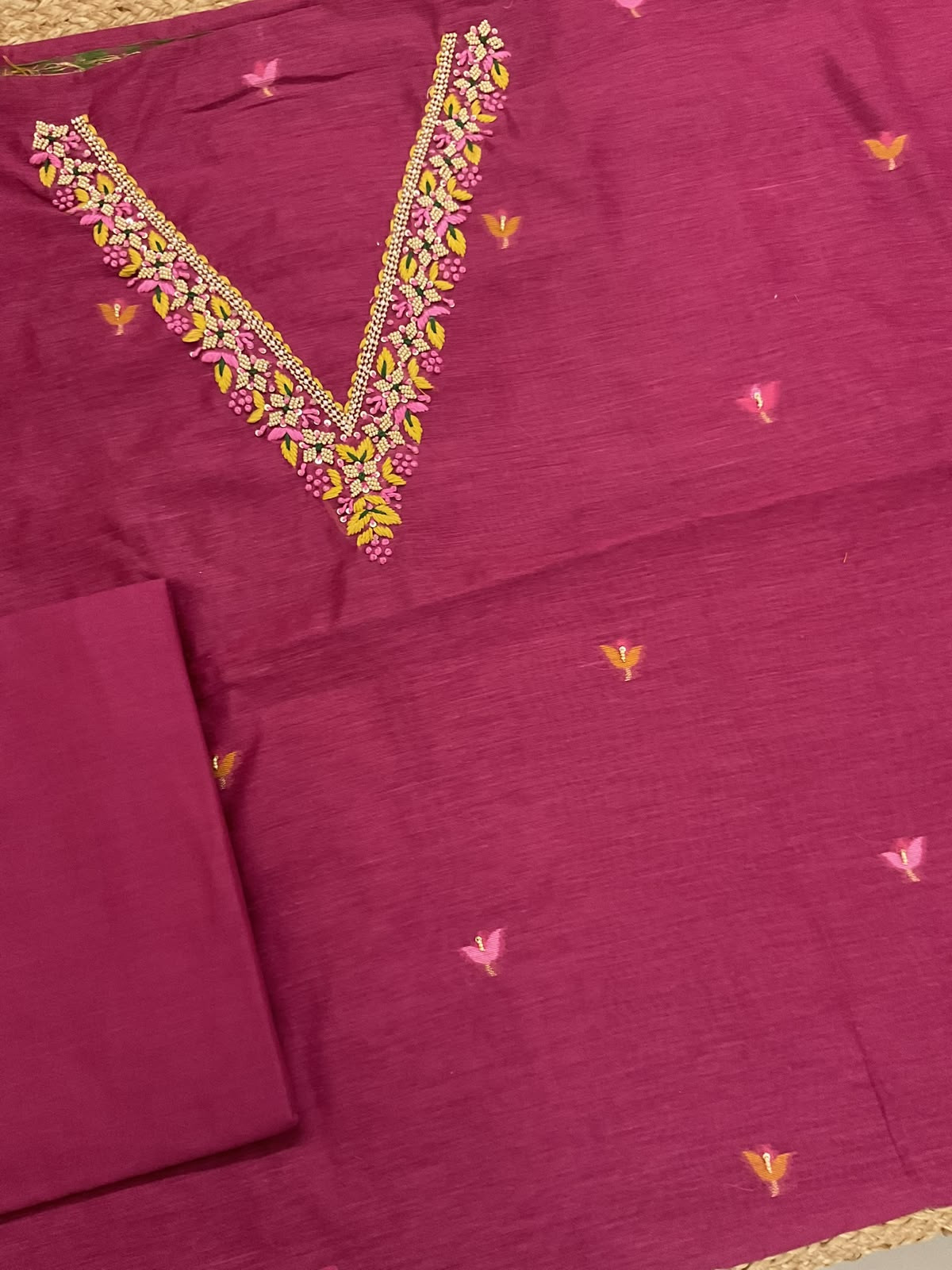 Soft Kora Chanderi Jamdani Weaved Embroidered Suit - Pink