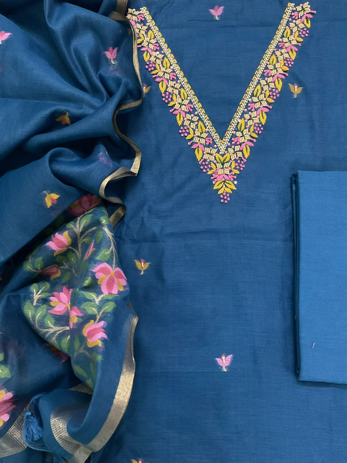 Soft Kora Chanderi Jamdani Weaved Embroidered Suit - Blue
