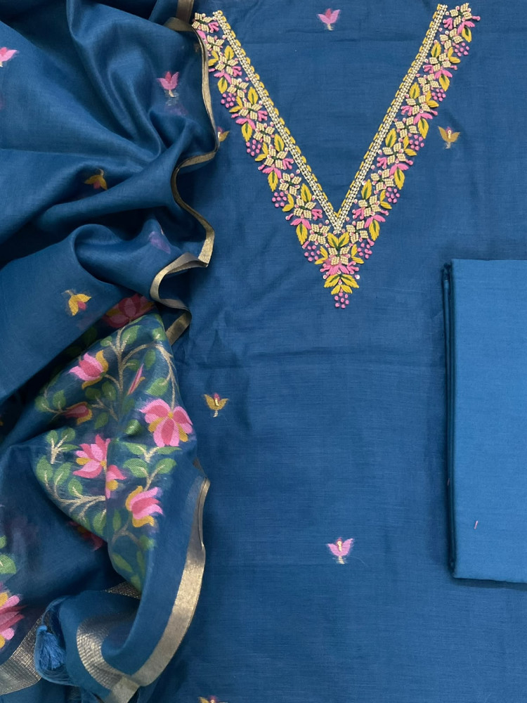 Image of Soft Kora Chanderi Jamdani Weaved Embroidered Suit - Blue