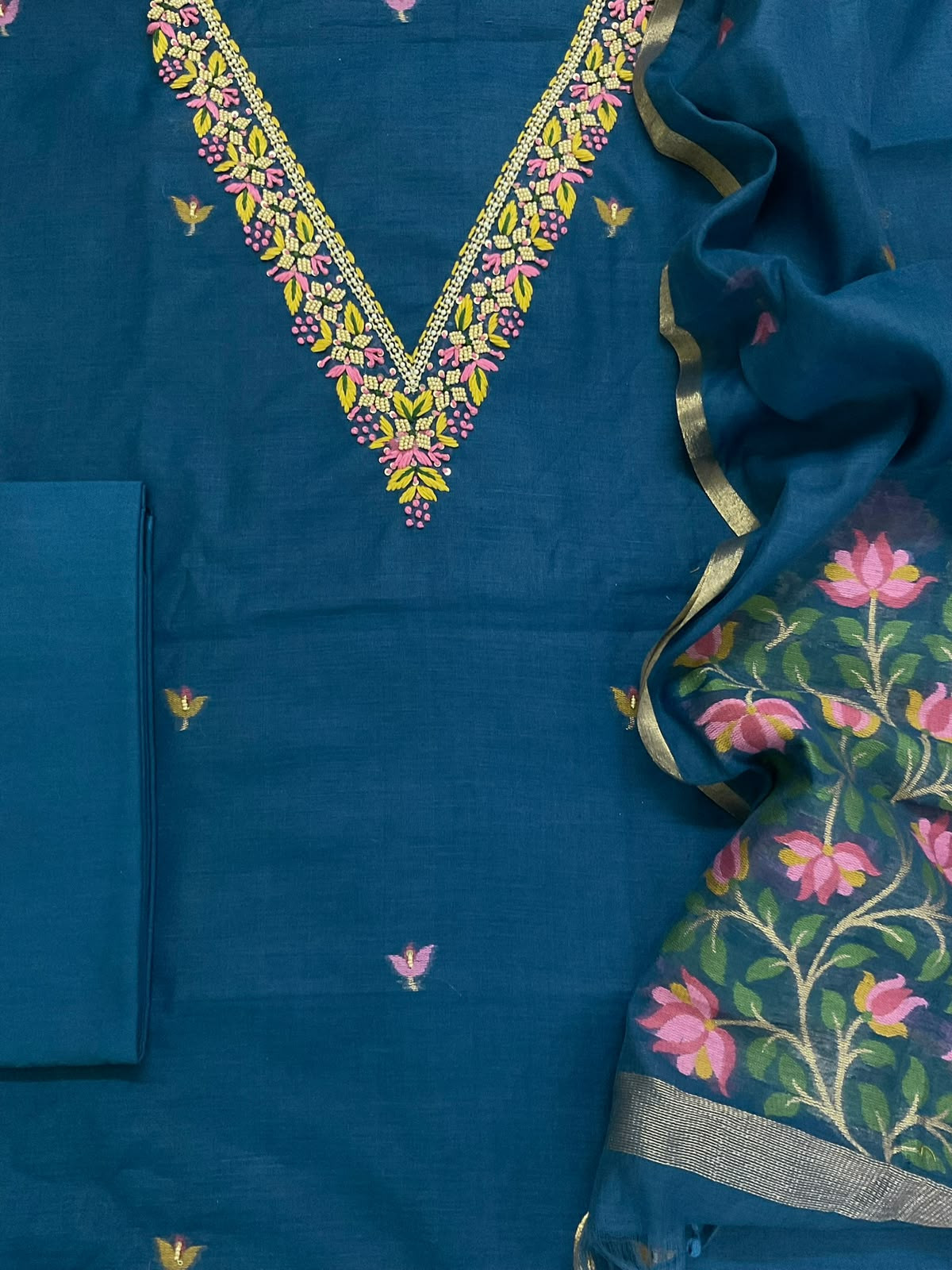 Soft Kora Chanderi Jamdani Weaved Embroidered Suit - Blue