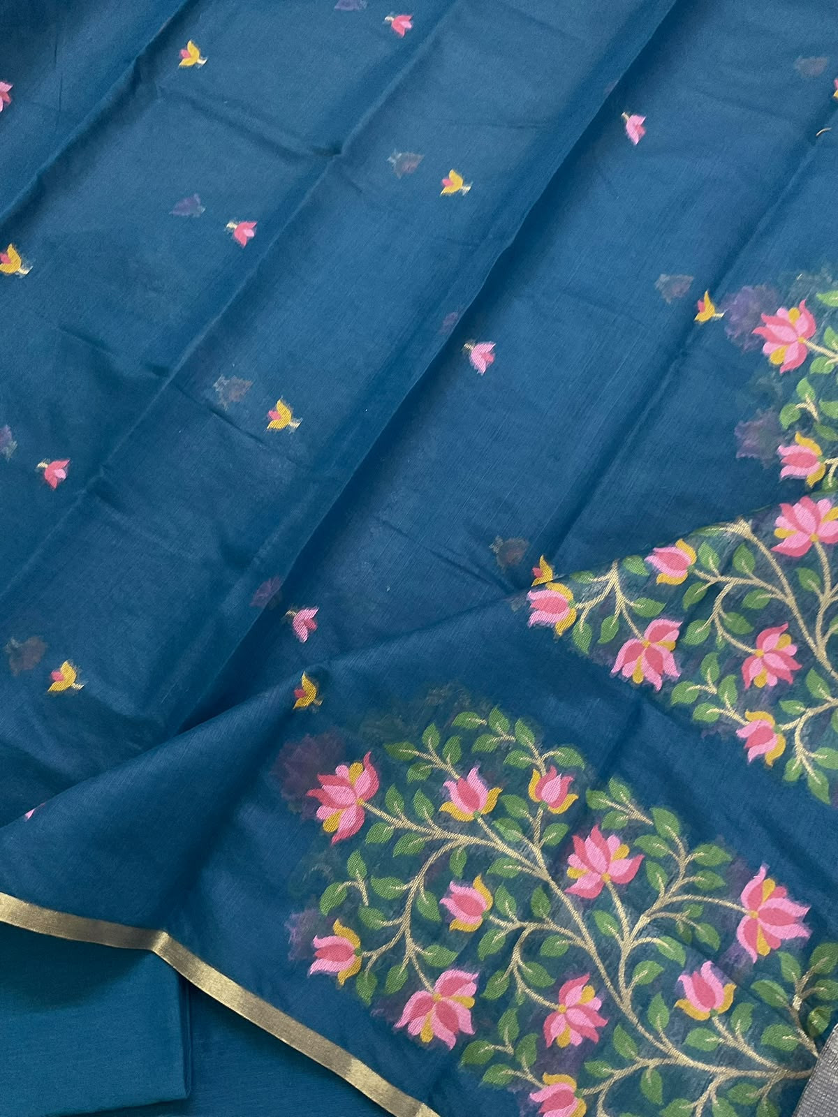 Soft Kora Chanderi Jamdani Weaved Embroidered Suit - Blue