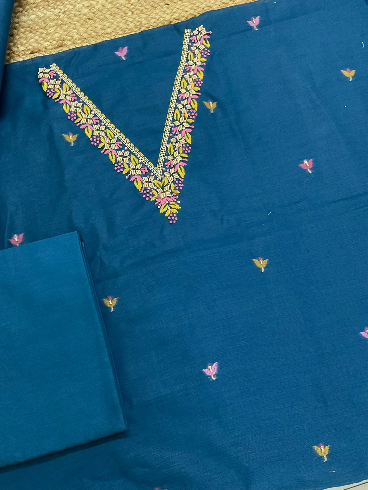Soft Kora Chanderi Jamdani Weaved Embroidered Suit - Blue