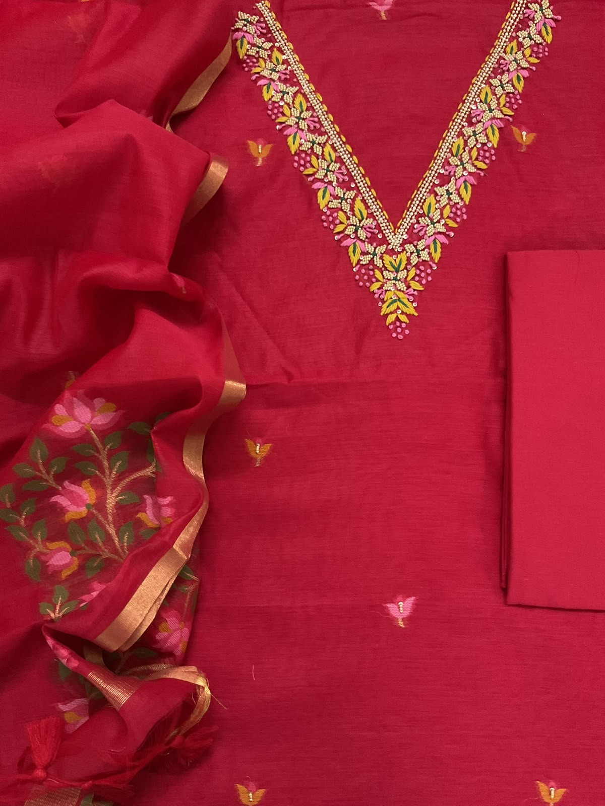 Soft Kora Chanderi Jamdani Weaved Embroidered Suit - Red
