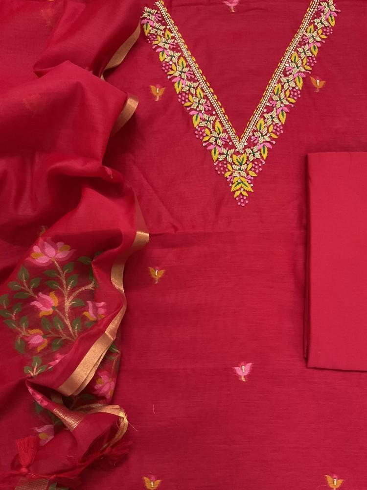 Image of Soft Kora Chanderi Jamdani Weaved Embroidered Suit - Red